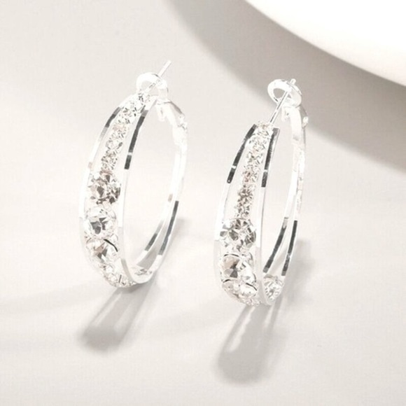 New 925 Silver Sim. Diamond Wide Hoop Earrings - Picture 2 of 4